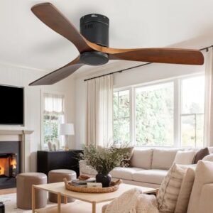 Sofucor 52 Inch Solid Wood Ceiling Fan Without Lights Flush Mount Ceiling Fan with Remote Control, Wood Blades Modern Outdoor Ceiling Fans No Light for Bedroom/Farmhouse/Patio/Indoor
