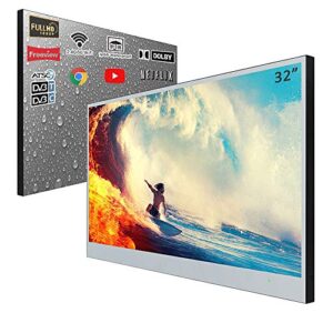Soulaca 32 inch Bathroom Smart TV Magic Mirror LED Television Waterproof WiFi Bluetooth DTV Tuner Android SPA Big Screen Vanishing in Wall for Hotel Kitchen