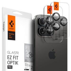 Spigen Camera Lens Screen Protector [GlasTR EZ Fit Optik Pro] Designed for iPhone 16 Pro Max/iPhone 16 Pro/iPhone 15 Pro Max/iPhone 15 Pro [Case Friendly] – Black Titanium [2 Pack]