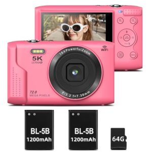 T TAKMLY Digital Camera 5K, Autofocus 16x Zoom 72MP Point and Shoot Cameras Compact Portable with Flash for Kids Boys Girls Teens Students, Anti Shake 2.8” Screen, 64GB Card Include, Pink