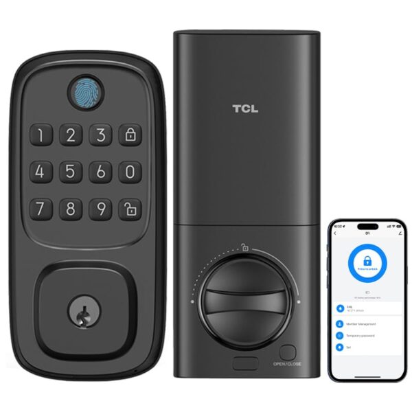TCL Smart Lock D1, Fingerprint Keyless Entry Front Smart Door Lock with Keypad Deadbolt, Built-in WiFi, Works with Alexa, Easy Installation, Remote Control, Auto-Lock, Black