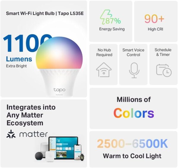 Tapo TP-Link Smart Light Bulbs, 1100 Lumens High Brightness (75W Equivalent), Matter-Certified, 16M Colors WiFi Light Bulb, Dimmable, Works w/Siri, Alexa & Google Home, A19 E26, L535E(2-Pack) - Image 4