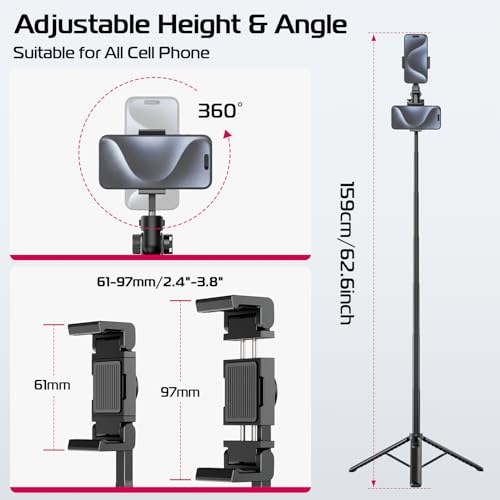 ULANZI MT-70 Extendable Tripod, 63" Selfie Stick Vlog Tripod Stand with 2 Phone Clips, 360 Rotate Dual Camera Holder for iPhone, Sony, Canon, GoPro, Lightweight for Travel, Black - Image 5