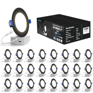 VOLISUN 24 Pack 4 inch Recessed Lighting, 5CCT LED Black Recessed Light, 2700K-5000K Selectable, 9.5W Eqv 80W, 810LM Dimmable Canless Wafer Downlight, LED Ceiling Light ETL Certificated