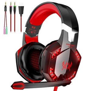 VersionTECH. G2000 Gaming Headset, Bass Surround Gaming Headphones with Noise Cancelling Mic, LED Lights, Soft Memory Earmuffs for PS5/ PS4/ Xbox One Controller/Laptop/PC/Mac/Nintendo NES Games-Red