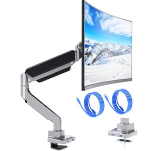 WALI Ultrawide Monitor Arm for 13 to 49 Inch Heavy Duty Curved Screens, Adjustable Gas Spring Single Monitor Desk Mount with 2 USB 3.0 Ports, Holds 33 lbs, 75×75/100×100 VESA, Silver (GSMU001)