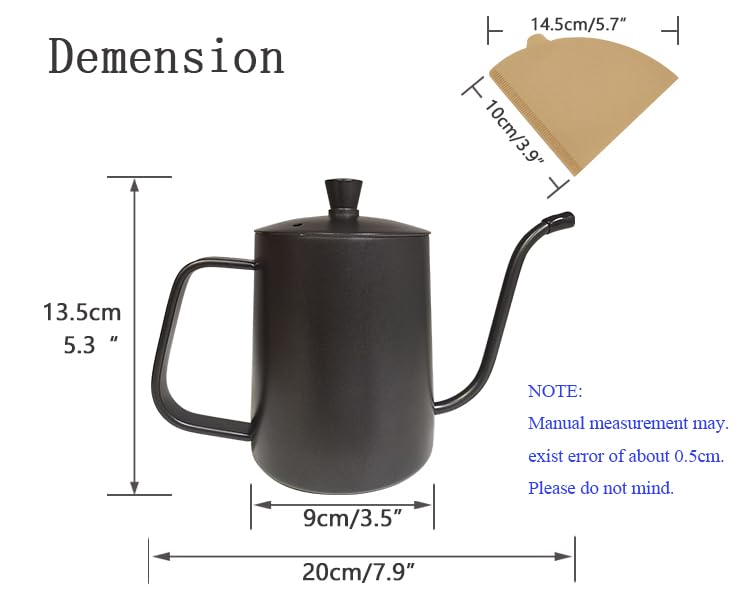 WELLLINK Pour Over Coffee Kettle 20oz 600ML, Leak Proof One-Piece 304 Stainless Steel Gooseneck Kettle with Lid, Food Grade Easy-Clean Narrow Spout & 40 Filters for Home Brewing - Image 4