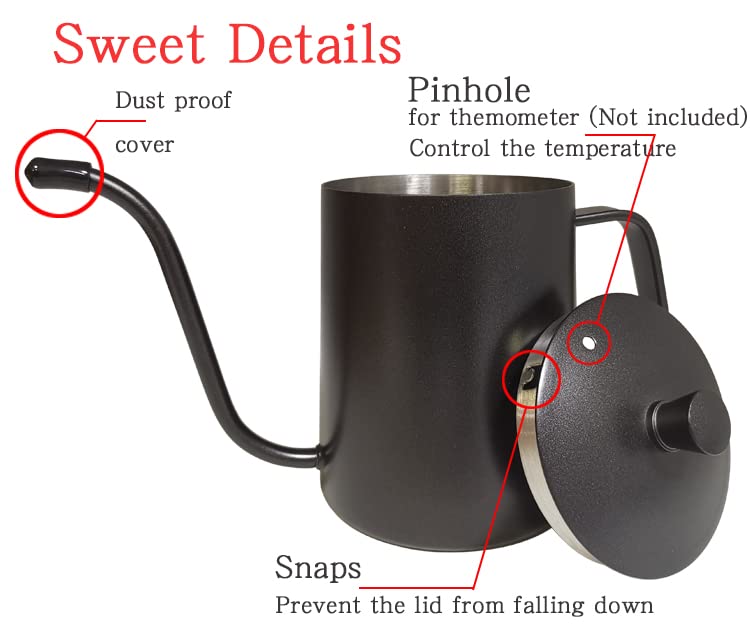 WELLLINK Pour Over Coffee Kettle 20oz 600ML, Leak Proof One-Piece 304 Stainless Steel Gooseneck Kettle with Lid, Food Grade Easy-Clean Narrow Spout & 40 Filters for Home Brewing - Image 5