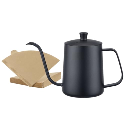 WELLLINK Pour Over Coffee Kettle 20oz 600ML, Leak Proof One-Piece 304 Stainless Steel Gooseneck Kettle with Lid, Food Grade Easy-Clean Narrow Spout & 40 Filters for Home Brewing