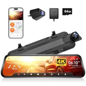 WOLFBOX G930 10” Rear View Mirror Camera with 5.8GHz WiFi, 4K Dash Cam Front and Rear with WDR, Touch Screen Rearview Mirror Backup Camera, Parking Monitor, Reverse Assist, Includes 64GB Card & GPS