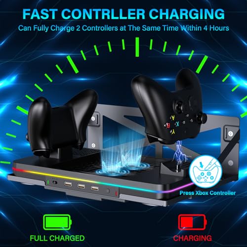Wall Mount with Cooling Charging Stand for Xbox Series X/S, Luckit Vertical Dual Controller Charger Station Compatible Xbox Series X/S Console Accessories with Cooling Fan, 3 USB Ports&2 Headset Stand - Image 5