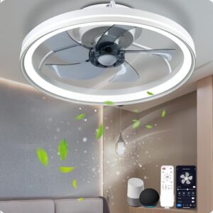 WiFi Low Profile Ceiling Fan With Light,White Bladeless Ceiling Fan Compatible with Alexa and Google Assistant,Smart 3 LED Color 6 Speeds Reversible Flush Mount Ceiling Fans With Lights