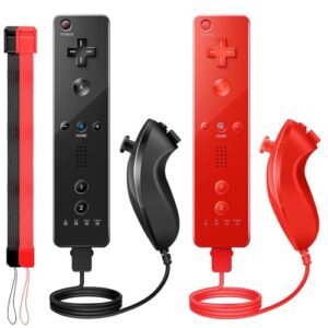 Wii Controller 2 Pack, Wii Remote Controller and Nunchuck Joystick with Silicone Case and Wrist Strap for Holiday (Black and Red)