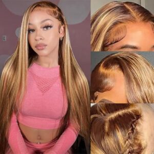 XZZ 32 Inch Highlight Ombre Lace Front Wig Human Hair 13×4 HD Lace Front Wigs Pre Plucked With Baby Hair Honey Blonde 4/27 Color Straight Balayage Lace Front Wigs 200% Density Glueless Frontal Wig