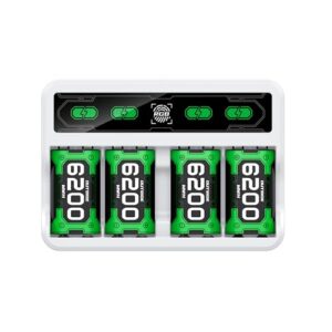 Xbox One Battery & Charger Sets – 4X 6200mWh Rechargeable Battery Pack with Touch Control LED Light for Xbox One/Series X|S Controllers, White