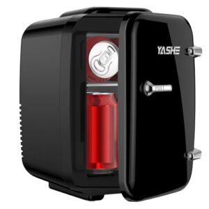YASHE Mini Fridge, 4 Liter/6 Cans Small Refrigerator for Skincare, 110V AC/ 12V DC Thermoelectric Cooler and Warmer for Bedroom, Office, Dorm, Car, Black