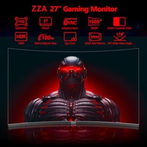 ZZA Gaming Monitor 27 Inch Curved 180Hz| 165Hz|144Hz|1ms| Computer Monitor FHD|1080P| 90% DCI-P3,100% sRGB,PC Monitor FreeSync| HDMI|HDR|Low Blue Light| HDMI|DP Ports| VESA Mount| Metal Stand