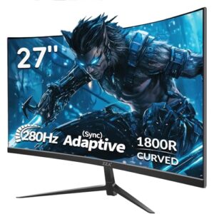 ZZA 27 Inch Gaming Monitor, Computer Monitor Frameless Ultra-Fast 280Hz/240Hz 1ms FHD 1080P,Curved Monitor 1800R|FreeSync|99% sRGB|HDR|Low Blue Light|HDMI DP Ports|VESA Mount|Metal Stand