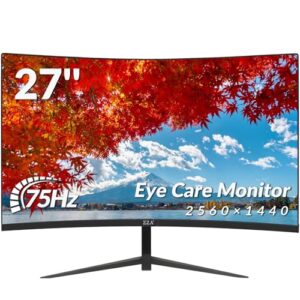 ZZA 27 inch Curved Monitor with 2K 2560 x 1440|75hz Computer Monitor 27 inch QHD with HDMI,DP and Wall Mountable| 1440P Frameless Eye Care PC Office Monitor for Working and Gaming