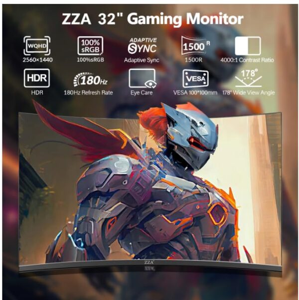 ZZA 32-Inch QHD Curved Gaming Monitor - 2K Resolution, 165Hz Refresh Rate, 1ms Response Time, FreeSync & G-Sync, HDR10, 122% sRGB Coverage, DP/HDMI, VESA Mount Compatible - Image 3