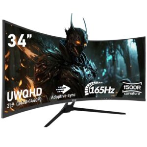 ZZA 34″ Ultrawide Curved Gaming Monitor, 1500R PC Screen 165hz WQHD 3440×1440, Curved Computer Monitors with FreeSync,HDR10, 1ms,Eye Care, Borderless Design,Support Wallmount 75x75mm