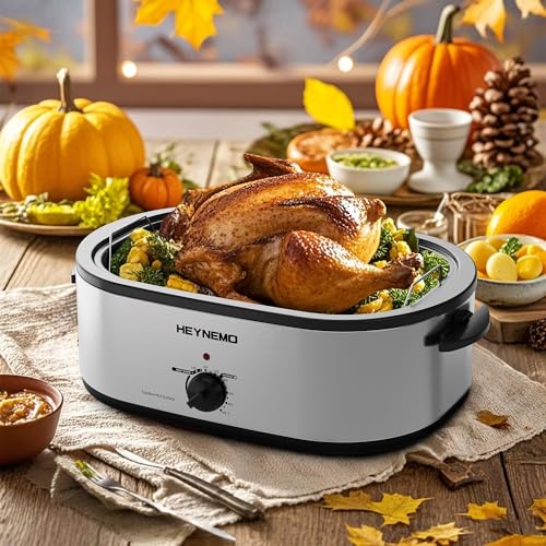 20 Quart Electric Roaster Oven with Self-Basting Lid, Turkey Roaster with Defrost Warm Function, Adjustable Temperature, Removable Pan Rack, Stainless Steel, Silver - Image 3