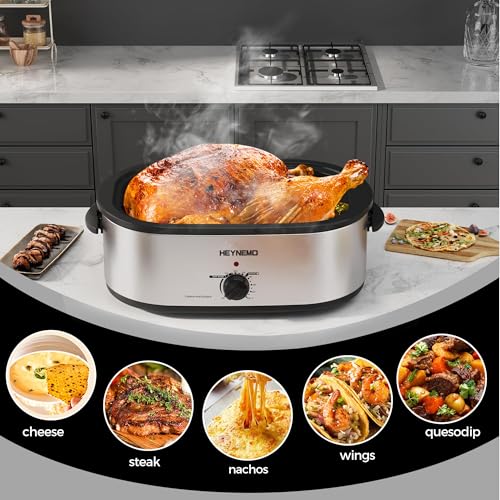 20 Quart Electric Roaster Oven with Self-Basting Lid, Turkey Roaster with Defrost Warm Function, Adjustable Temperature, Removable Pan Rack, Stainless Steel, Silver - Image 4