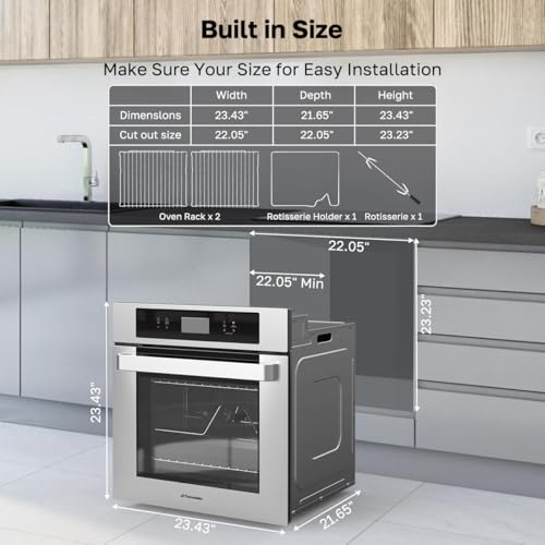 24" Electric Wall Oven, ThermoMate 2.6 Cu.Ft. Built-in Wall Oven with 12 Functions, 3100W Convection Ovens, Sensor Touch Control, Safety Lock, Stainless Steel, ETL Certified - Image 3