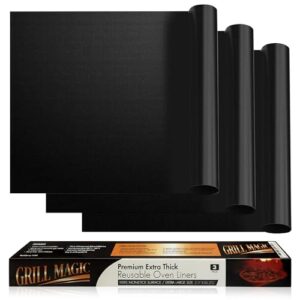 3 Pack Non-Stick Heavy Duty Oven Liners Set for Bottom of Electric Oven by Grill Magic – Thick, Heat Resistant Fiberglass Mat – Easy to Clean, Reduce Spills, Stuck Foods & Clean Up – BPA Free