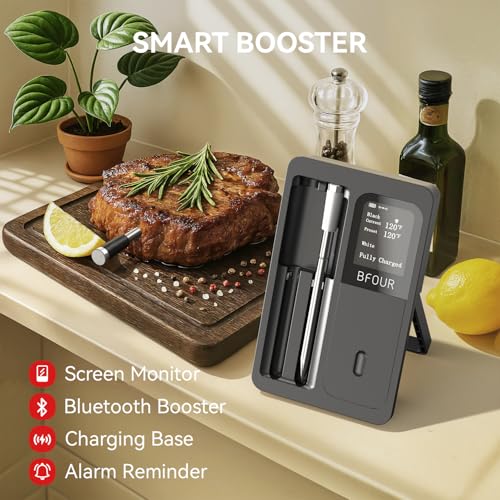 BFOUR 524FT Meat Thermometer Digital Wireless with Smart App, Bluetooth Smoker Cooking Thermometer with LCD Booster, IP67 Waterproof & 752°F Heat Resistance 2 Meat Probes for Food Grill Oven and BBQ - Image 3