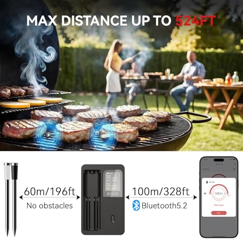 BFOUR 524FT Meat Thermometer Digital Wireless with Smart App, Bluetooth Smoker Cooking Thermometer with LCD Booster, IP67 Waterproof & 752°F Heat Resistance 2 Meat Probes for Food Grill Oven and BBQ - Image 4