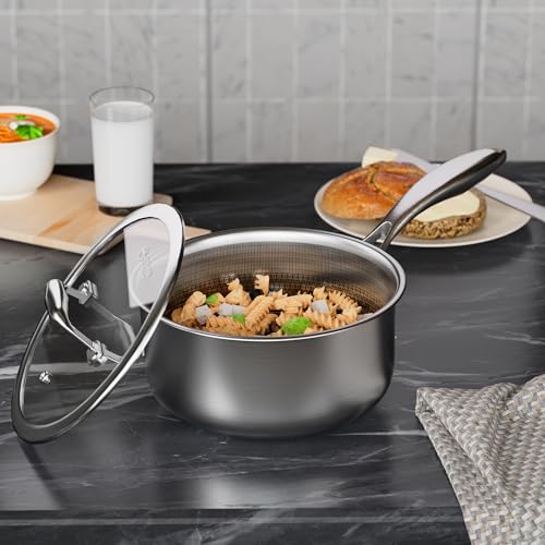 COOKER KING 1.5 Quart Stainless Steel Saucepan, Nonstick Sauce Pan, Ceramic Suce Pot with Tempered Glass Lid, Induction Pot Compatible with All Cooktops, Dishwasher & Oven Safe(PFAS/PFOA/PTFE Free) - Image 3