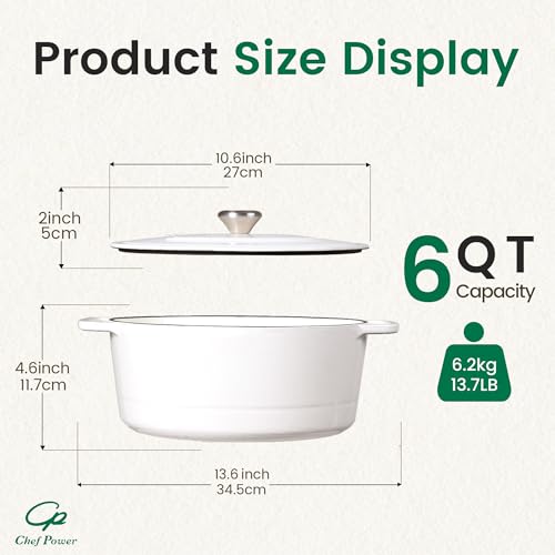 Chef Power Dutch Oven Pot with Lid 6QT, Enameled Cast Iron Dutch Oven for Bread Baking, Braising, Stews, Roasting, Oven Safe Dutch Ovens, Cream White - Image 3