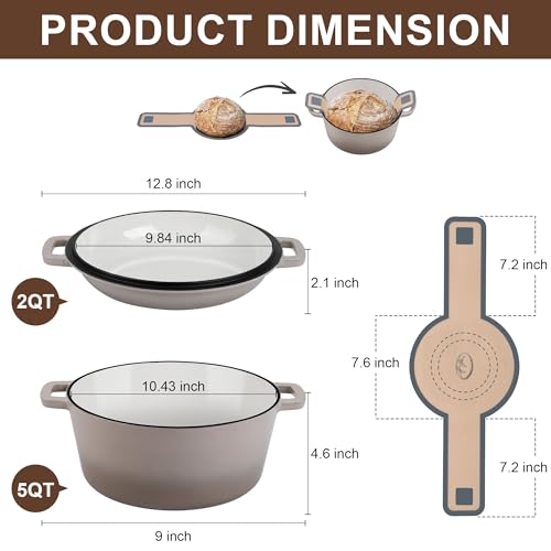 E-far 5 Quart Enameled Cast Iron Dutch Oven, 2 in 1 Dutch Oven Pot with Skillet Lid and Silicone Bread Sling, Ideal for Bread Baking, Cooking, Stewing, Frying, Induction & Oven Safe - Khaki - Image 3