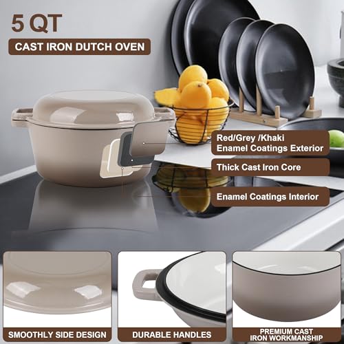 E-far 5 Quart Enameled Cast Iron Dutch Oven, 2 in 1 Dutch Oven Pot with Skillet Lid and Silicone Bread Sling, Ideal for Bread Baking, Cooking, Stewing, Frying, Induction & Oven Safe - Khaki - Image 4
