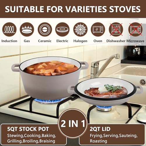 E-far 5 Quart Enameled Cast Iron Dutch Oven, 2 in 1 Dutch Oven Pot with Skillet Lid and Silicone Bread Sling, Ideal for Bread Baking, Cooking, Stewing, Frying, Induction & Oven Safe - Khaki - Image 6