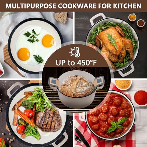 E-far 5 Quart Enameled Cast Iron Dutch Oven, 2 in 1 Dutch Oven Pot with Skillet Lid and Silicone Bread Sling, Ideal for Bread Baking, Cooking, Stewing, Frying, Induction & Oven Safe - Khaki - Image 7