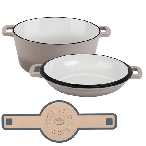 E-far 5 Quart Enameled Cast Iron Dutch Oven, 2 in 1 Dutch Oven Pot with Skillet Lid and Silicone Bread Sling, Ideal for Bread Baking, Cooking, Stewing, Frying, Induction & Oven Safe - Khaki