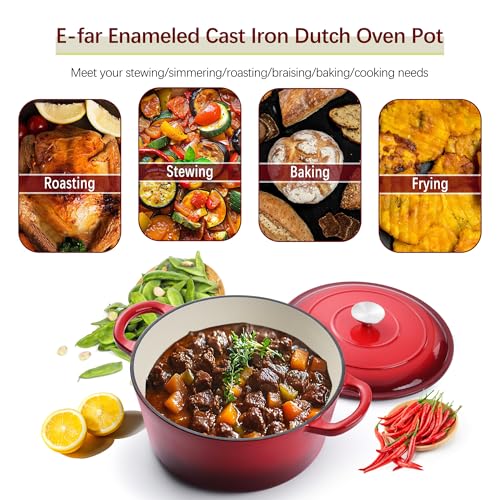 E-far 7QT Enameled Dutch Oven, Cast Iron Dutch Oven Pot with Lid for Cooking/Bread Baking/Braising/Roasting/Stewing, Heavy Duty Round Nonstick Cookware Safe for Induction & Oven - Red - Image 4