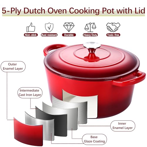 E-far 7QT Enameled Dutch Oven, Cast Iron Dutch Oven Pot with Lid for Cooking/Bread Baking/Braising/Roasting/Stewing, Heavy Duty Round Nonstick Cookware Safe for Induction & Oven - Red - Image 5