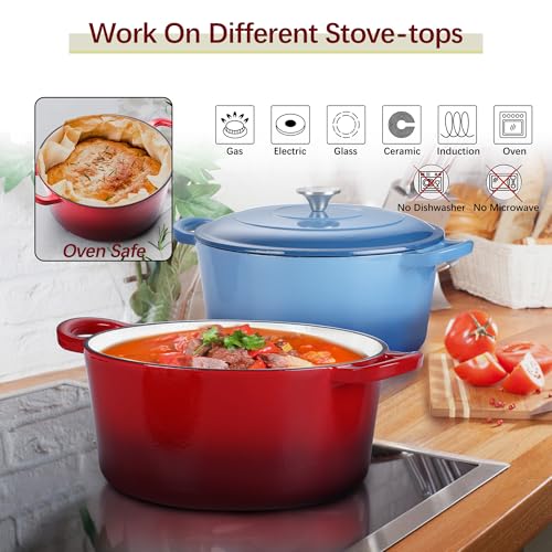 E-far 7QT Enameled Dutch Oven, Cast Iron Dutch Oven Pot with Lid for Cooking/Bread Baking/Braising/Roasting/Stewing, Heavy Duty Round Nonstick Cookware Safe for Induction & Oven - Red - Image 7