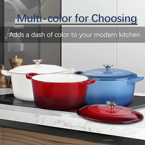 E-far 7QT Enameled Dutch Oven, Cast Iron Dutch Oven Pot with Lid for Cooking/Bread Baking/Braising/Roasting/Stewing, Heavy Duty Round Nonstick Cookware Safe for Induction & Oven - Red - Image 8