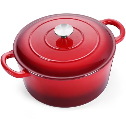 E-far 7QT Enameled Dutch Oven, Cast Iron Dutch Oven Pot with Lid for Cooking/Bread Baking/Braising/Roasting/Stewing, Heavy Duty Round Nonstick Cookware Safe for Induction & Oven - Red
