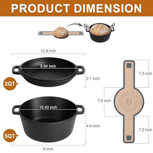 E-far Pre-Seasoned Cast Iron Dutch Oven, 5 Quart 2 in 1 Dutch Oven Pot with Skillet Lid and Silicone Bread Sling, Ideal for Bread Baking, Cooking, Stewing, Frying, Induction & Oven Safe - Black - Image 3