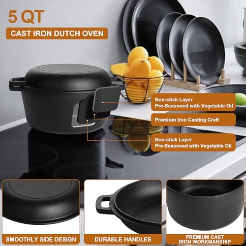 E-far Pre-Seasoned Cast Iron Dutch Oven, 5 Quart 2 in 1 Dutch Oven Pot with Skillet Lid and Silicone Bread Sling, Ideal for Bread Baking, Cooking, Stewing, Frying, Induction & Oven Safe - Black - Image 4