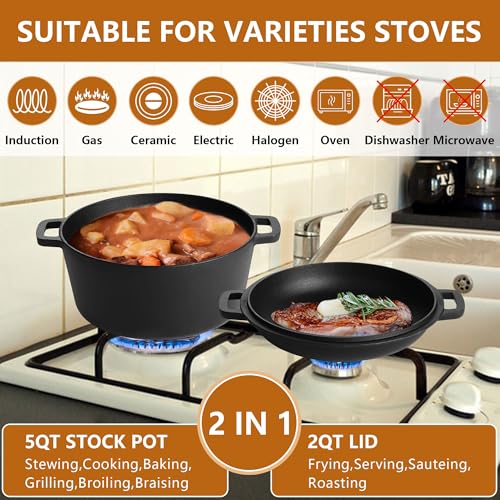 E-far Pre-Seasoned Cast Iron Dutch Oven, 5 Quart 2 in 1 Dutch Oven Pot with Skillet Lid and Silicone Bread Sling, Ideal for Bread Baking, Cooking, Stewing, Frying, Induction & Oven Safe - Black - Image 6