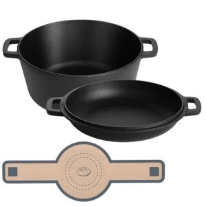 E-far Pre-Seasoned Cast Iron Dutch Oven, 5 Quart 2 in 1 Dutch Oven Pot with Skillet Lid and Silicone Bread Sling, Ideal for Bread Baking, Cooking, Stewing, Frying, Induction & Oven Safe – Black