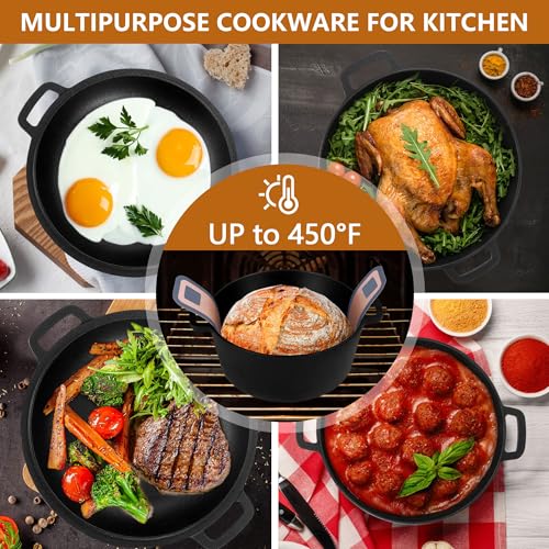 E-far Pre-Seasoned Cast Iron Dutch Oven, 5 Quart 2 in 1 Dutch Oven Pot with Skillet Lid and Silicone Bread Sling, Ideal for Bread Baking, Cooking, Stewing, Frying, Induction & Oven Safe - Black - Image 7