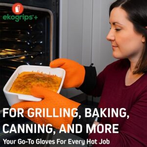Ekogrips Plus Oven Gloves with Fingers, Comfy Waterproof Silicone Oven Mitts Heat Resistant with Long Cuff, Insulated BBQ Gloves Perfect for Grilling, Baking, Smoker, Canning, and Pizza, Red, OSFM