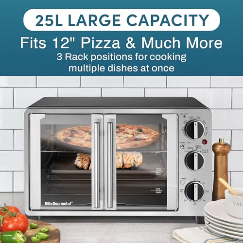 Elite Gourmet ETO2530M Double French Door Countertop Toaster Oven, Bake, Broil, Toast, Keep Warm, Fits 12" pizza, 25L capacity, Stainless Steel & Black - Image 4